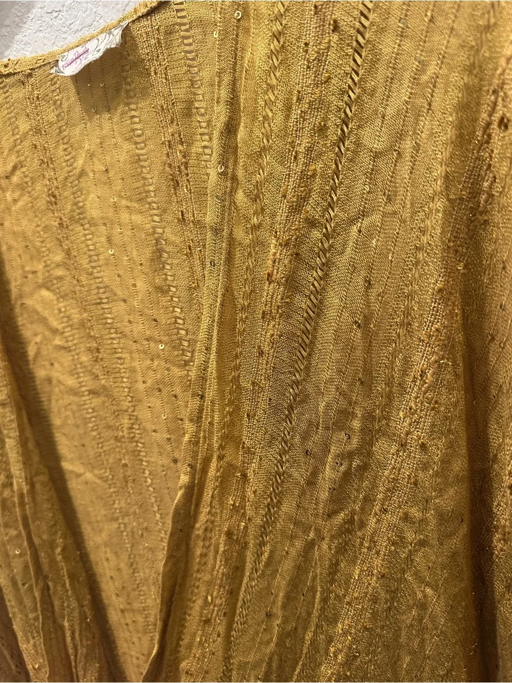 Free People Mustard Yellow Sequin Pointelle Open Front‎ Kimono Wrap OS